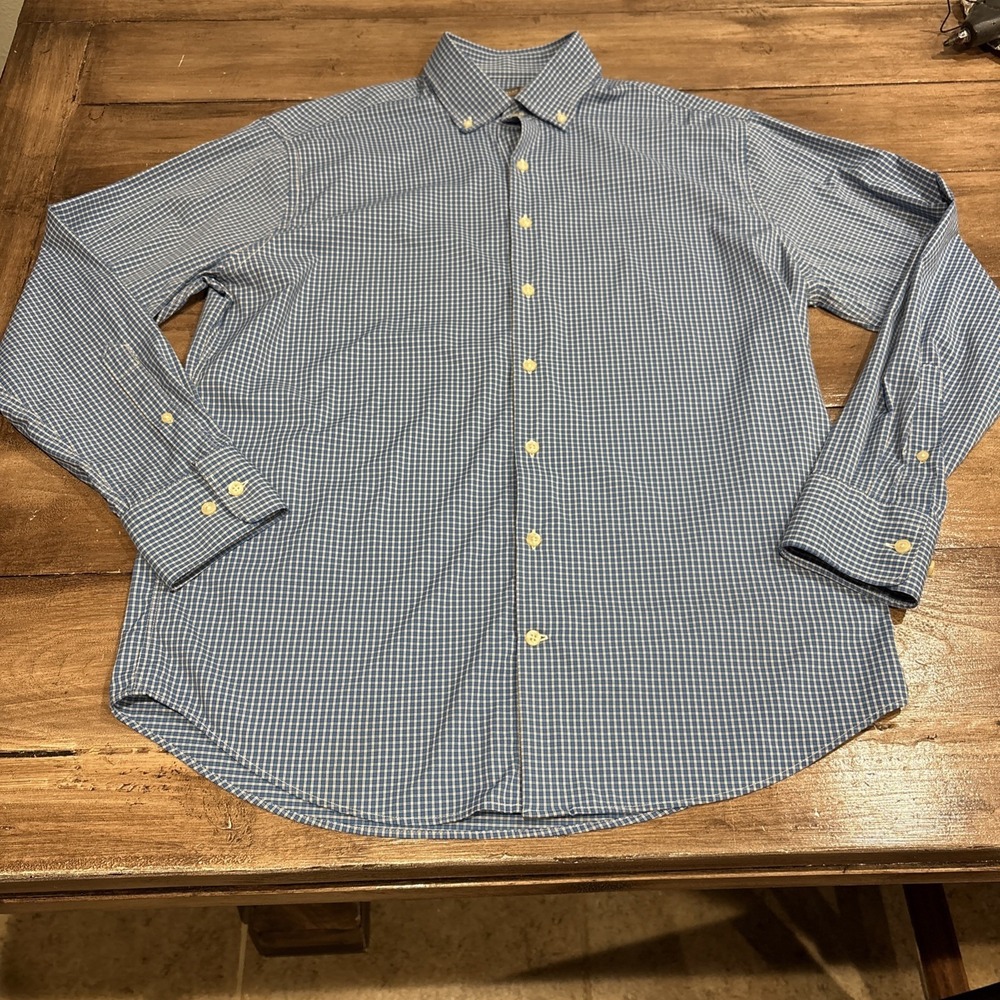 Peter Millar Summer Comfort Men's L‎ Blue Gingham Check Button Down Shirt